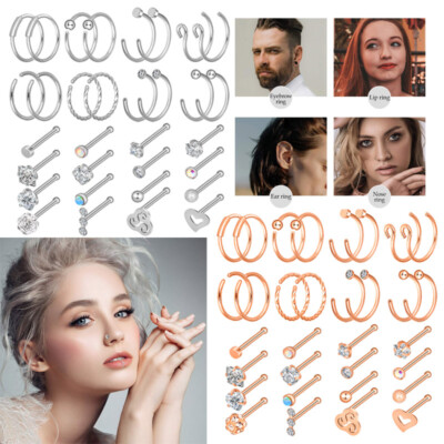 32× Nose Ring Hoop Set CZ Surgical Steel Bone Stud Lip Ear Piercing Jewelry 20G