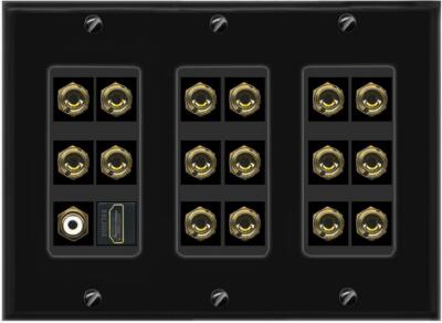 3 Gang 8.1 Surround Sound Speaker Banana Port Wall Plate With HD And RCA Black