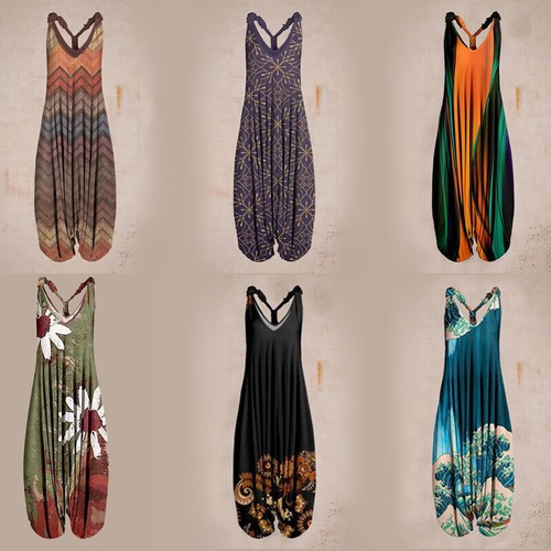 Womens Boho Floral Racerback Jumpsuit Ladies Casual Loose Wide Leg Pants Romper - Bild 5 von 23