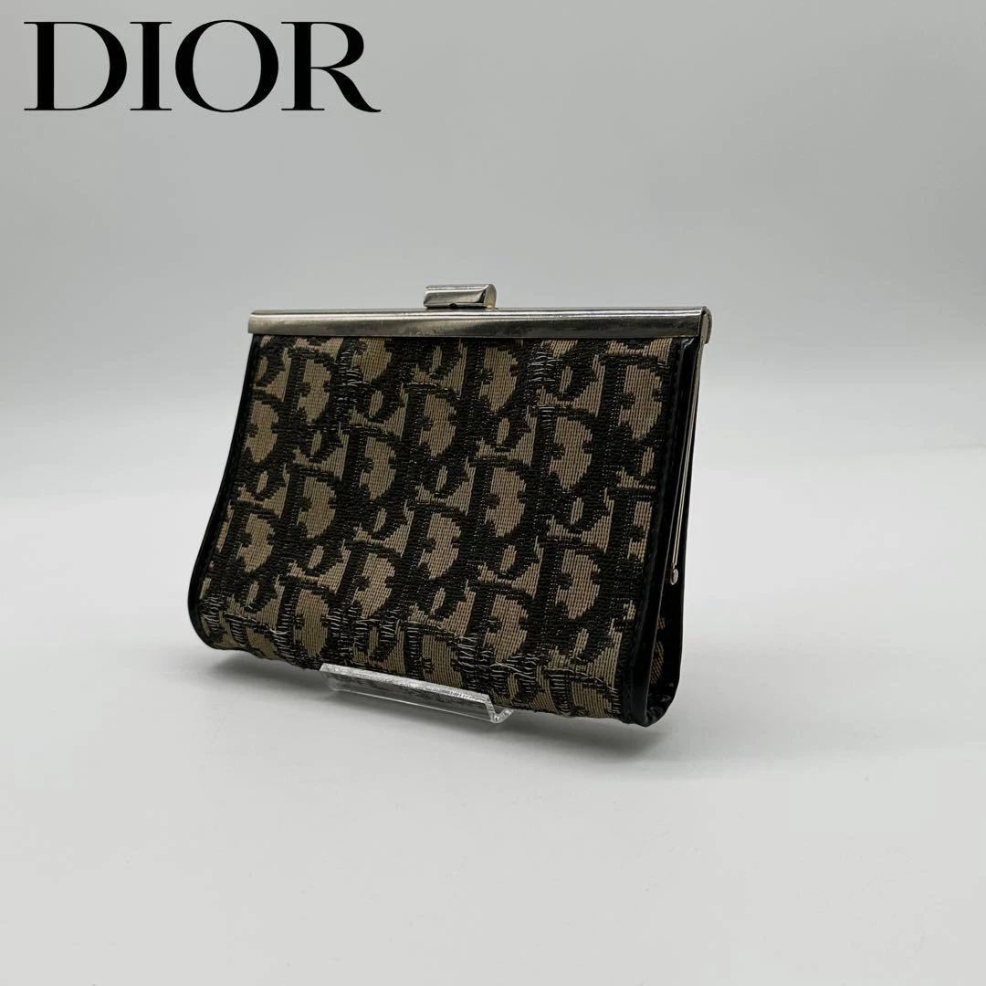 Christian Dior Pochette Pochette Porte Monnaie Fermoir Trotteur Toile Cuir Marron Noir