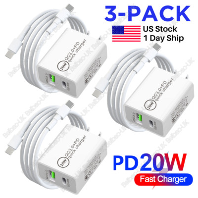3-PACK 20W PD Fast Charger USB C Cord Power Adapter For iPhone 15 16 17 Pro Max