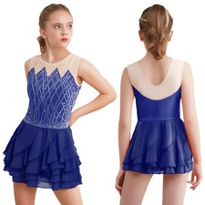 Kids Girls Sparkly Figure Skating Dress Sleeveless Ruffle Tiered Dress Dancewear