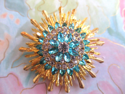 Stellar 3D Flower SUNBURST Aqua Blue STAR Rhinestone GOLD Vintage Inspire Brooch