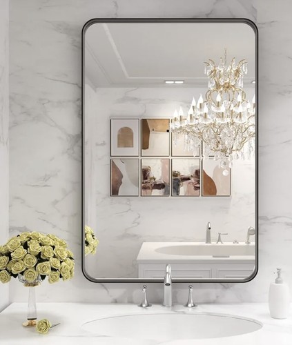 LOAAO Black Metal Framed Bathroom Mirror 24X36 Inch Rounded Rectangle R6 1847W - Picture 3 of 5