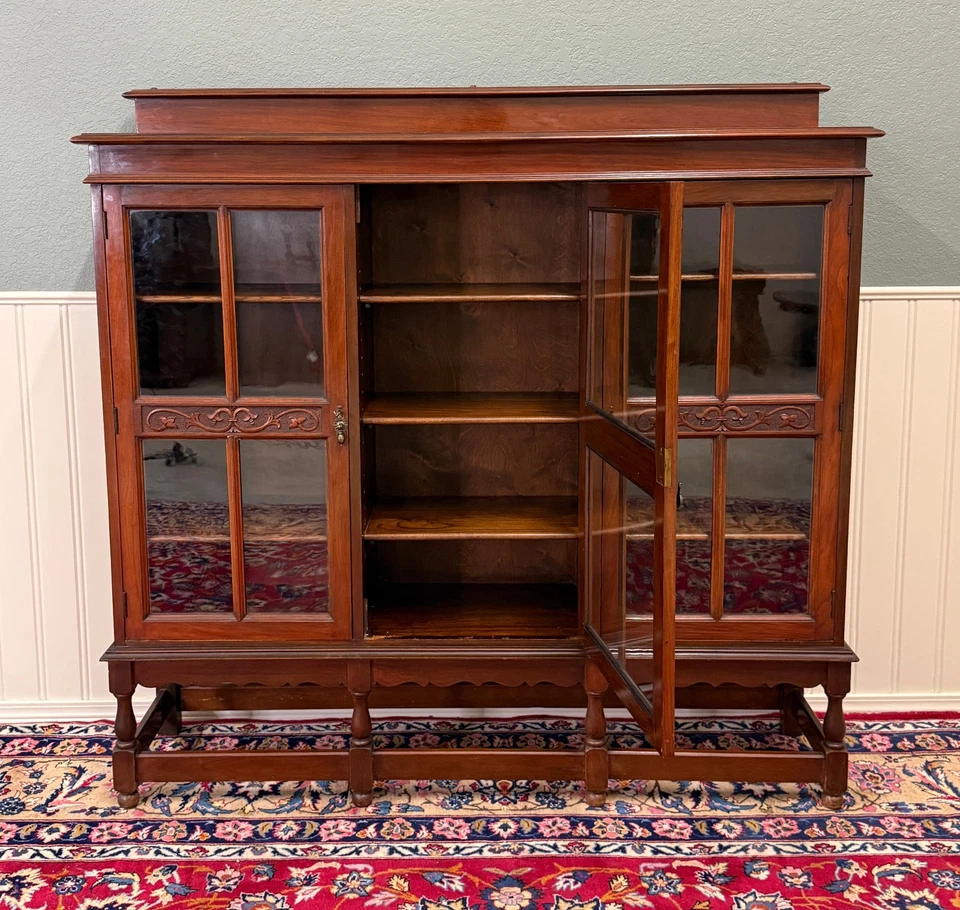 Antique English Jacobean Bookcase Bookshelf Cabinet Wavy 3 Door Glass Mahogany - Image 3 of 4