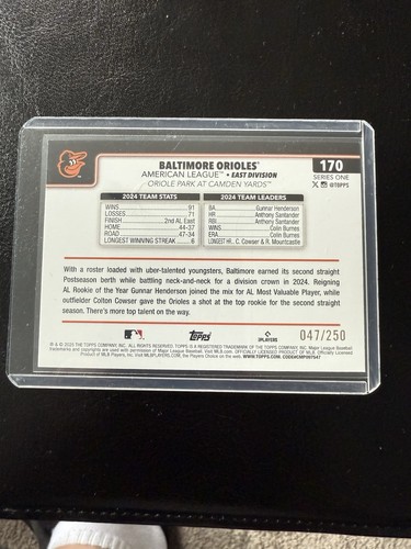 2025 Topps Series 1 - Team Card Baltimore Orioles #170 Purple Holo Foil /250 - Picture 2 of 3