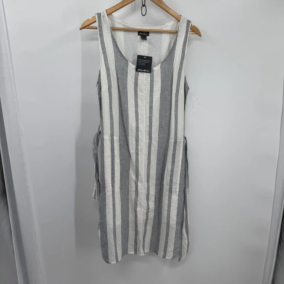 Vestido feminino Eddie Bauer S mistura de linho midi listrado bolsos com cinto praia casual - Imagem 2 de 4