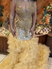 Women s Gold Sequin Beaded Mermaid V-Neck Tulle Formal Long Gown L