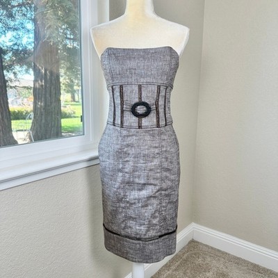 Bebe Strapless Linen Blend Sheath Dress Womens S Brown Corset Chic Party