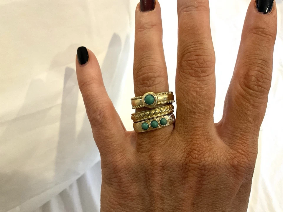Chicos Set 3 Anillos Apilables Oro Turquesa Boho 7 7.5 Tamaño Banda Apilable Foto 2 de 4