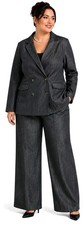 Talbots Denim Blazer Pant Suit Set Women 14W Straight Leg Career Black Work