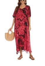BeautyBatik Red Women Hippie Tie Dye Caftan Loungewear Maxi Plus Size 3X 4X