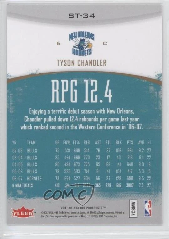 2007-08 Fleer Hot Prospects Stat Tracker Tyson Chandler #ST-34 - Image 2 of 2