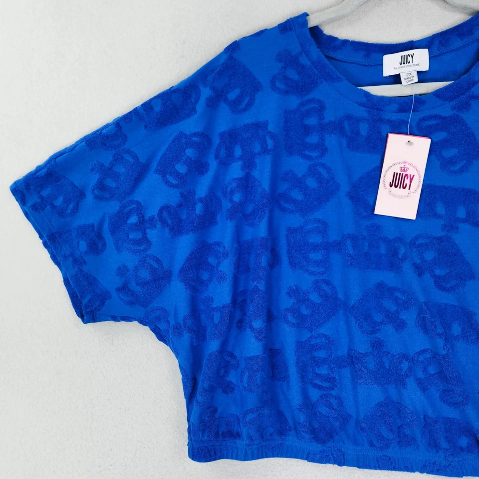 Juicy Couture Shorts Womens 2X Blue Terry Cropped Shirt 2PC Set Crown Casual NEW - Image 2 of 4