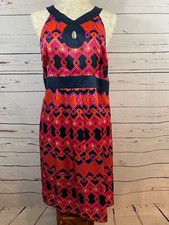 ANN TAYLOR LOFT Womens Dress 14 Pink Orange & Navy Sleeveless Geometric Sheath