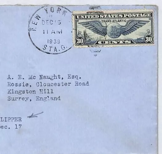 USA WW2 Cover NYC VTM *TUXEDO PARK* 1939 CLIPPER Air Mail {McNaught}YL244 - Image 4 of 4