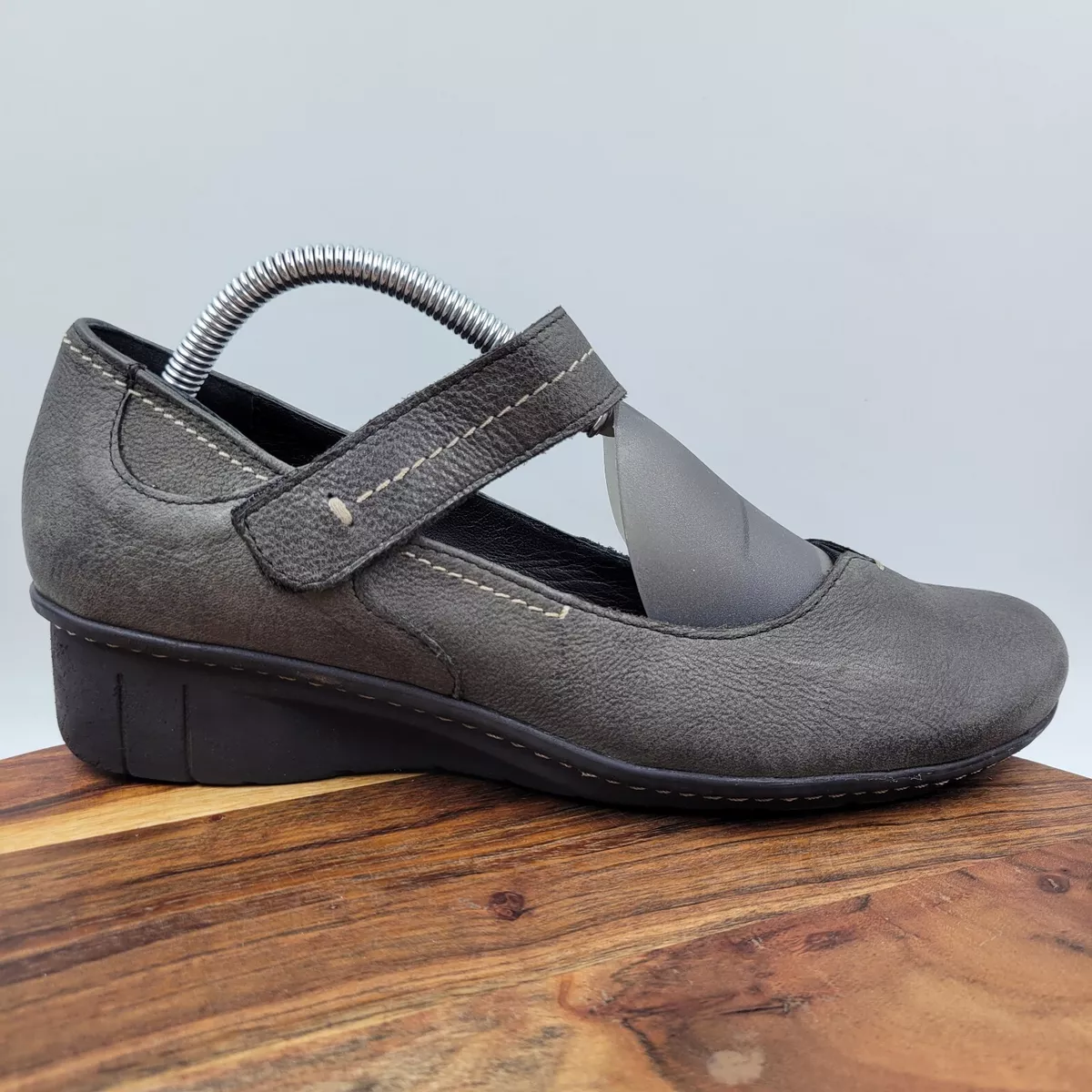 Khrio Mary Jane Wedge Shoes Women&#039;s 41 / 10 Gray Black Leather Comfort Loafers |