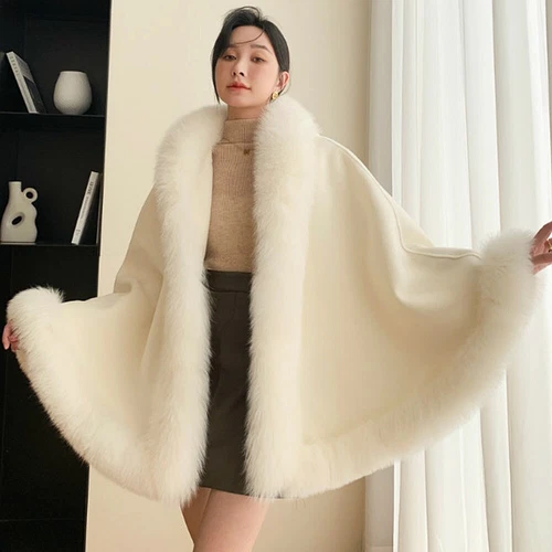 OFF WHITE 100% vera pelliccia di volpe scialle mantello lana poncho cardigan pelliccia cappotto giacca mantello