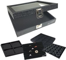 Glass Top Jewelry Case Black Jewelry Box Half Tray Case Glass top Case w/ Liner