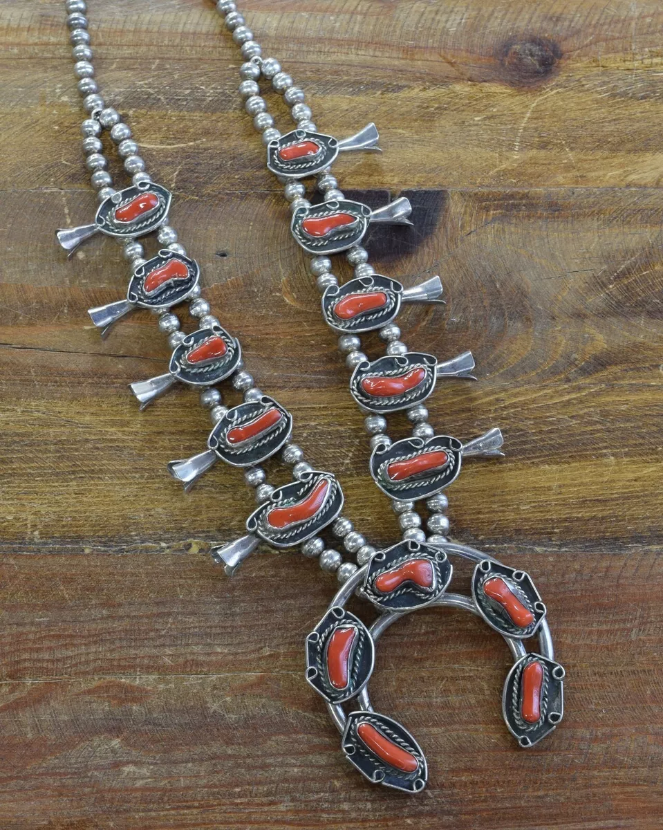 Intricate Navajo dead-pawn squash blossom necklace with Sleeping Beauty  turquoise and Mediterranean red coral. #0646 | HIGH PLAINS JEWELRY