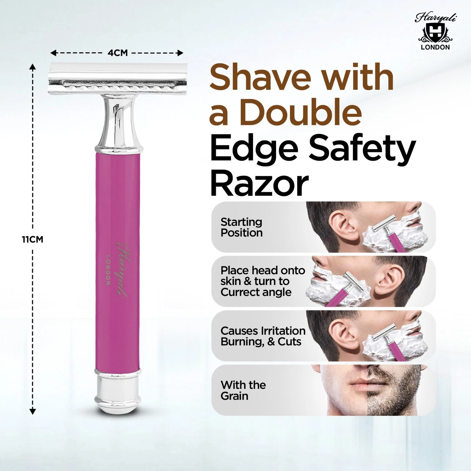 Haryali Double Edge Safety Razor for Men and Women, Sleek Metal Handle, Pink - Picture 3 of 9
