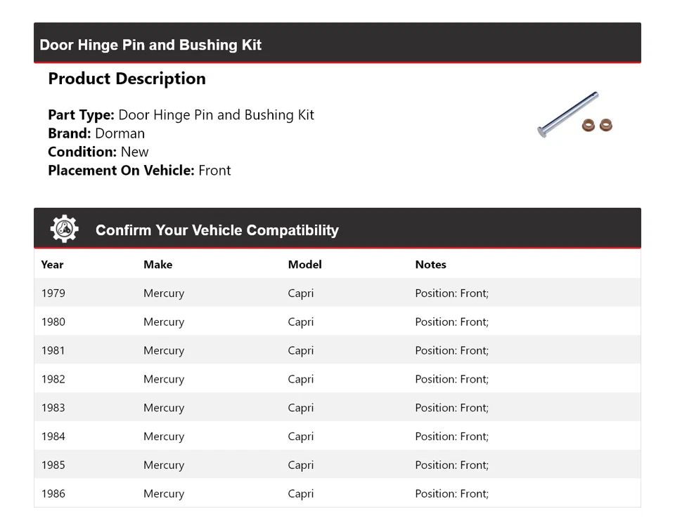 Kit de pasador y buje delantero 1980 para puerta Mercury Capri Dorman 1979-1986 Foto 2 de 4