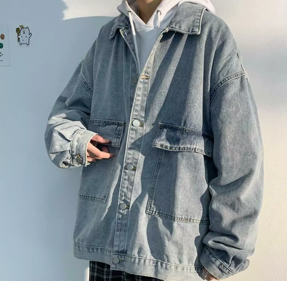 Men s Blue Denim Jean Jacket Loose Pockets Casual Hip Hop Punk Jean Cargo Coats