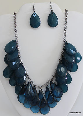 Blue Crystal Necklace & Earrings Set Designer Charles Klein Adjusts 18 to 22'' 