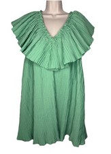 ZARA Green Pleated Voluminous Ruffle Short Mini Dress Sz L NEW