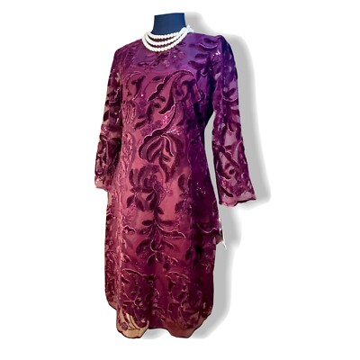 Donna Ricco Dress Velvet Embroidered Mesh Sheath Dress in Wine with Sequins 