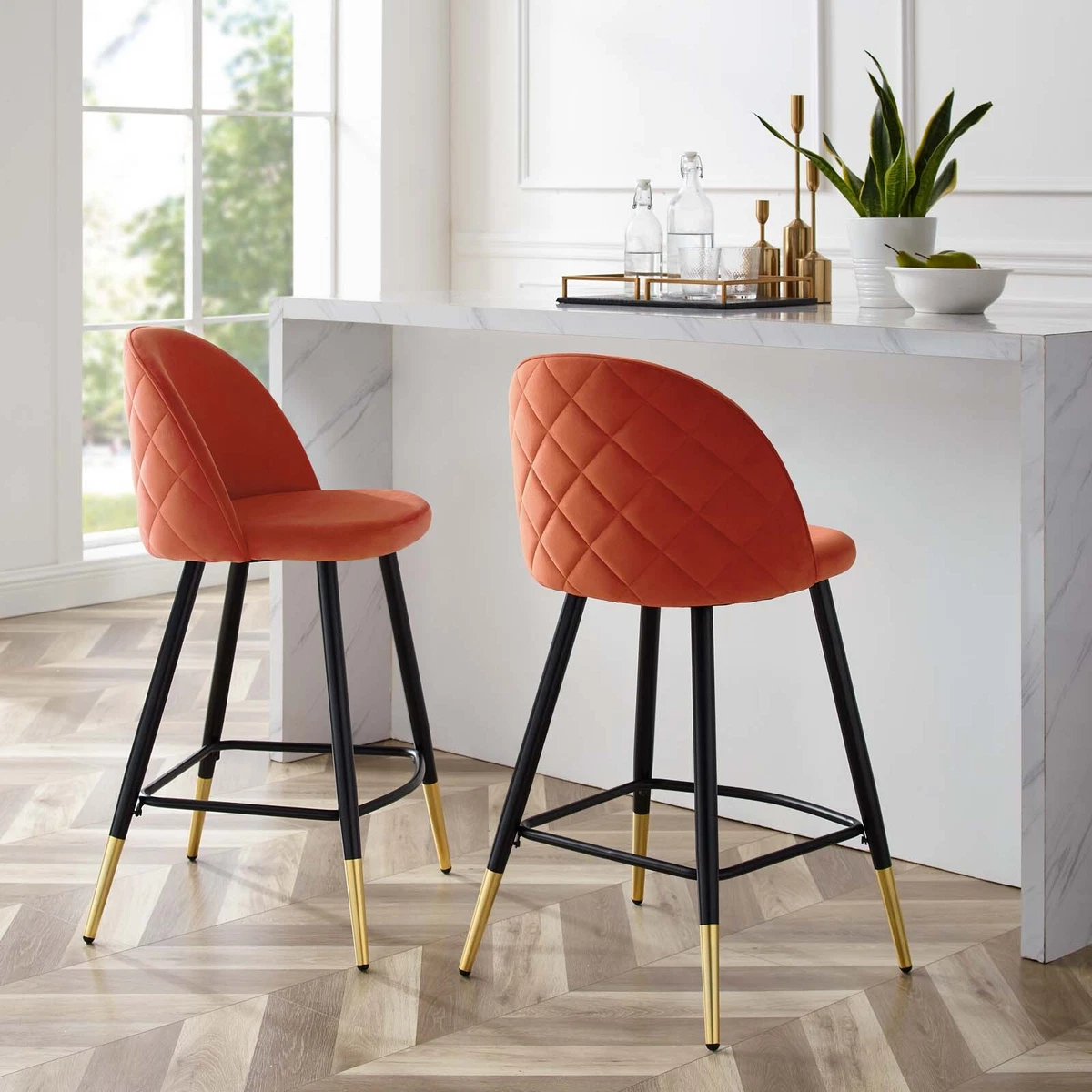 Modway Cordial Performance Velvet Dining Counter Stools in Orange