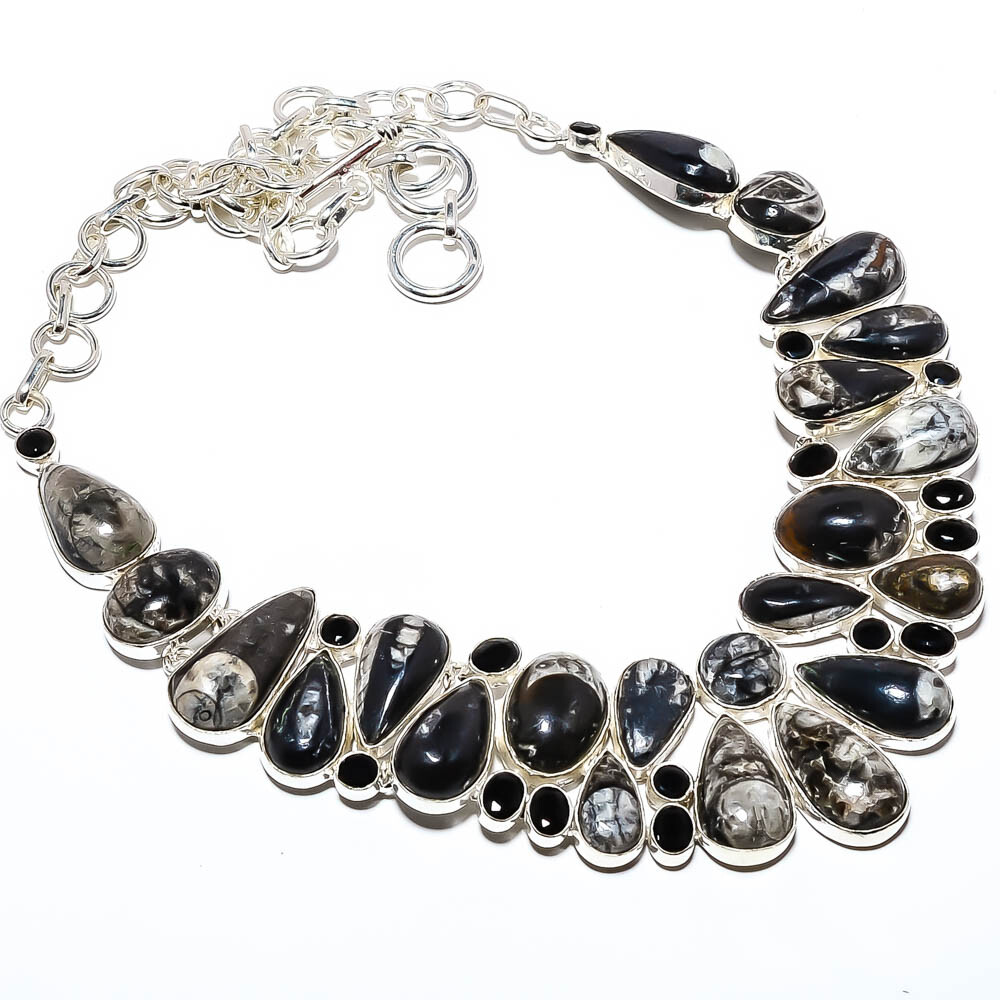 Orthoceras - Morocco & Black Onyx Gemstone 925 Silver Necklace 17.99