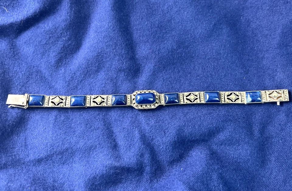 Sterling Silver Lapis Lazuli Bracelet Hinged Marcasite 935 Art Deco 7 " Filigree - Image 4 of 4
