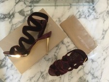 $695 Sergio Rossi Cage Sandals Heels maroon velvet gold metal heels 40 9.5M