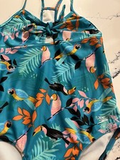 Girls Racer Back Speedo 1 piece M Swimsuit 24x24" Teal Pink Toucan Tropical Bow