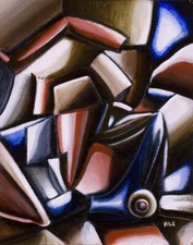 Abstract Cubist Art Print - “Exploding House On A Hill”