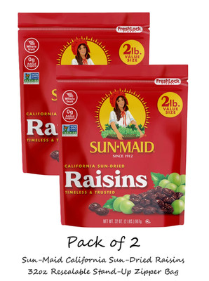 (2 Ct) Sun-Maid California Sun-Dried Raisins 32oz Resealable Stand-Up Zipper Bag
