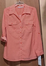 Rebecca Malone Women's Orange With White Polka Dot Button Up Blouse Size M