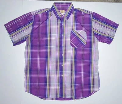 Haband Travelers Mens Purple Blue and Yellow Striped Button Up Shirt Size Large - Image 1 of 4