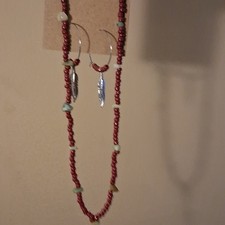 Native American Style Red Beaded Necklace and Earrings Set, Ethnic Jewelry