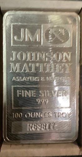 100 oz JM Silver Bar - Johnson Matthey .999 Fine Random Design