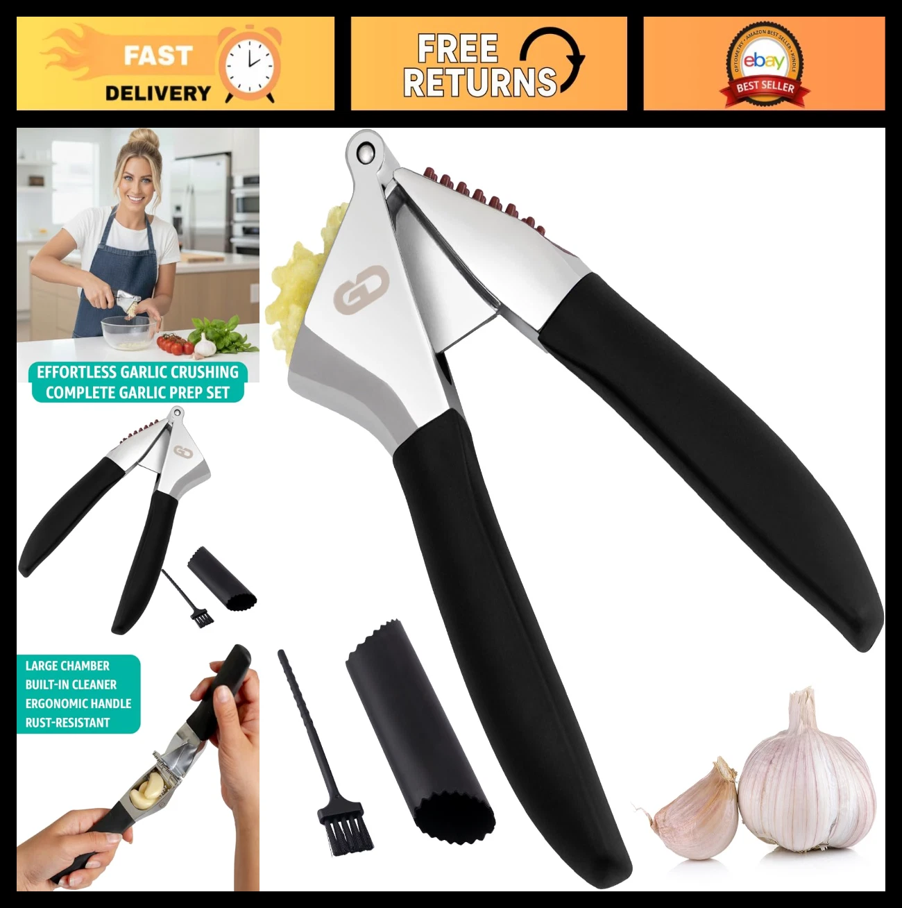 Heavy Duty Garlic Press Set - Rust-Resistant Crusher & Mincer, Ergonomic Handles