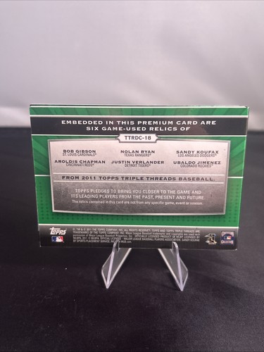 2011 Topps Triple Threads Gibson/Ryan/Koufax/Chapman/Verlander/Jimenez Relic /18 - Picture 6 of 6