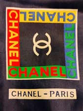 VTG 1990's Chanel Navy Silk with Multi Color Patchwork Logo Print SCARF