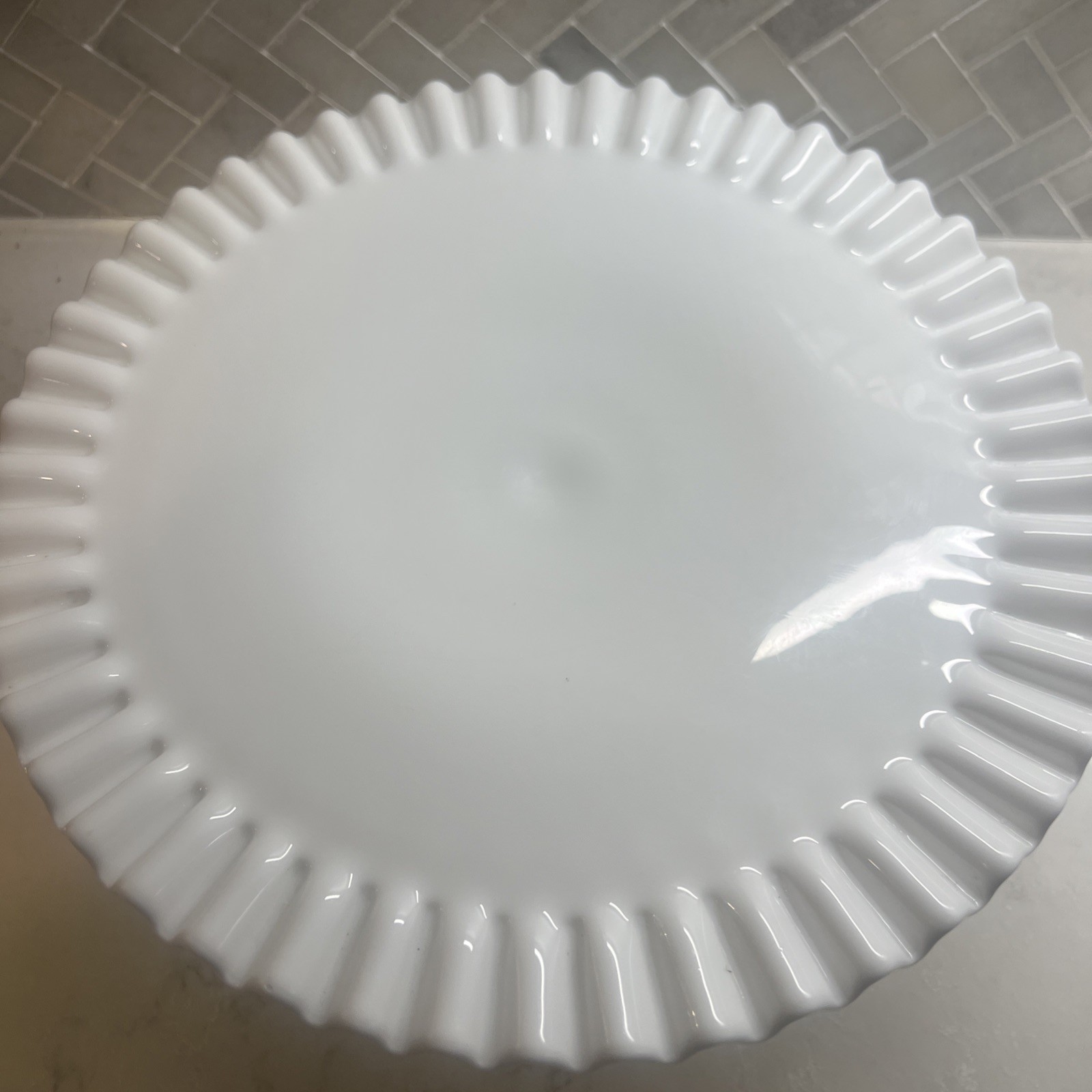 Fenton Milk Glass Hobnail Pedestal Cake Stand  Ruffled Edge 12.5”