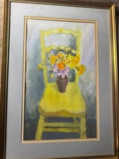 Annie Christie "Vase Of Flowers On Chair" Watercolor Painting - Signed/Framed