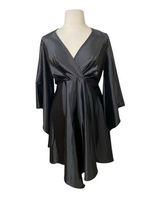 New Ashley Stewart Black Satin Cascade Sleeve Dress Womens Plus-size 14/16