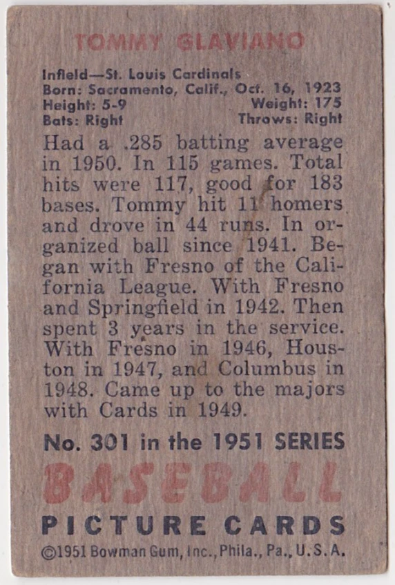 1951 Bowman #301 Tommy Glaviano St. Louis Cardinals POOR - Image 2 of 2