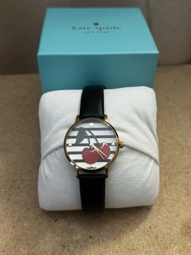Orologio Kate Spade KSW1343 Rosso Ciliegia Metro Cinturino Pelle Nero 34mm Batteria Nuova