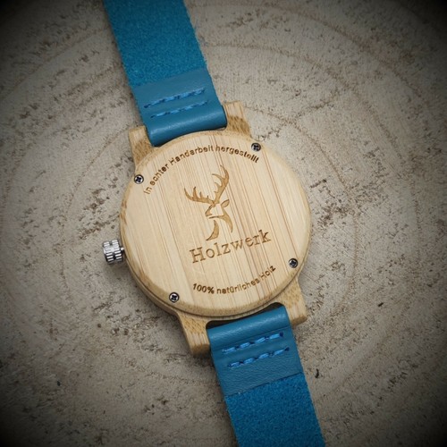 Madera RAINBOW BLUE colorido reloj de cuero y madera para mujer en blanco, azul turquesa - Imagen 5 de 7